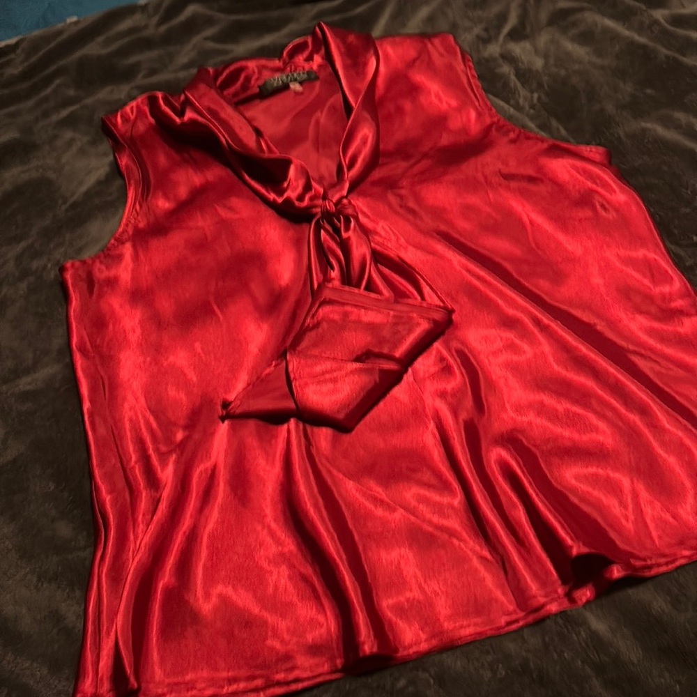 Kasper poly satin tie neck blouse. XL